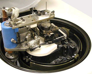 Crucible on tilting mechanism alinged with axis of rotation.